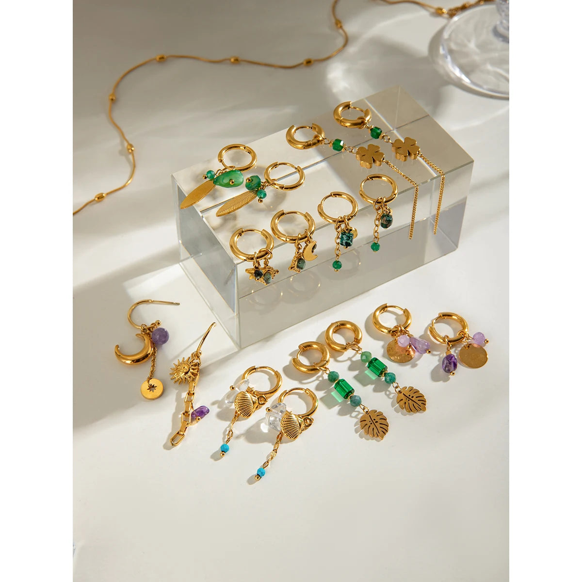 18K Gold Plated Charm Natural Stone Pentagram Moon Smooth Hoop Earrings Women Stainless Steel Fashion Jewelry Gala Gift