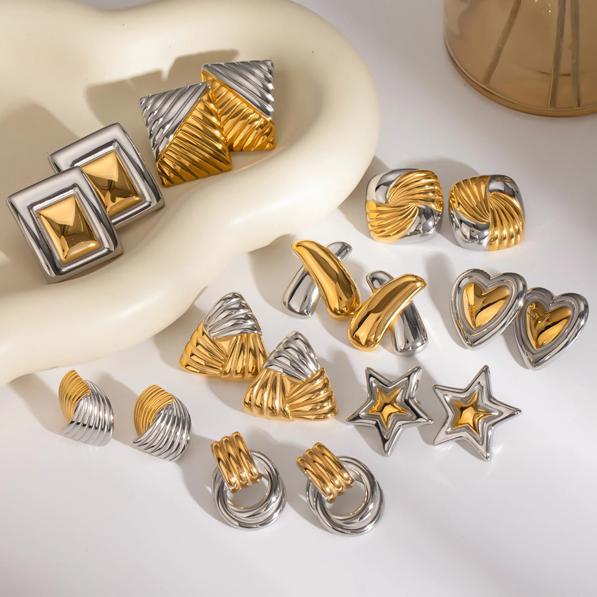 Rustfrit stål 18k forgyldt Vintage Geometrisk Farve Matchende Øreringe Sæt Kvinder Temperament Mode Charm Smykker Fest