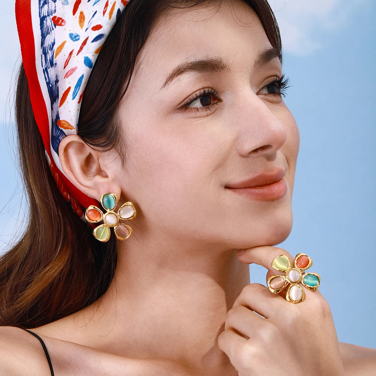 Minimalistische 18k vergoldete Edelstahl bunte Katzenaugenstein Hammer Blumen Ohrringe Ring Damen Anti-Allergie Charms Schmuck