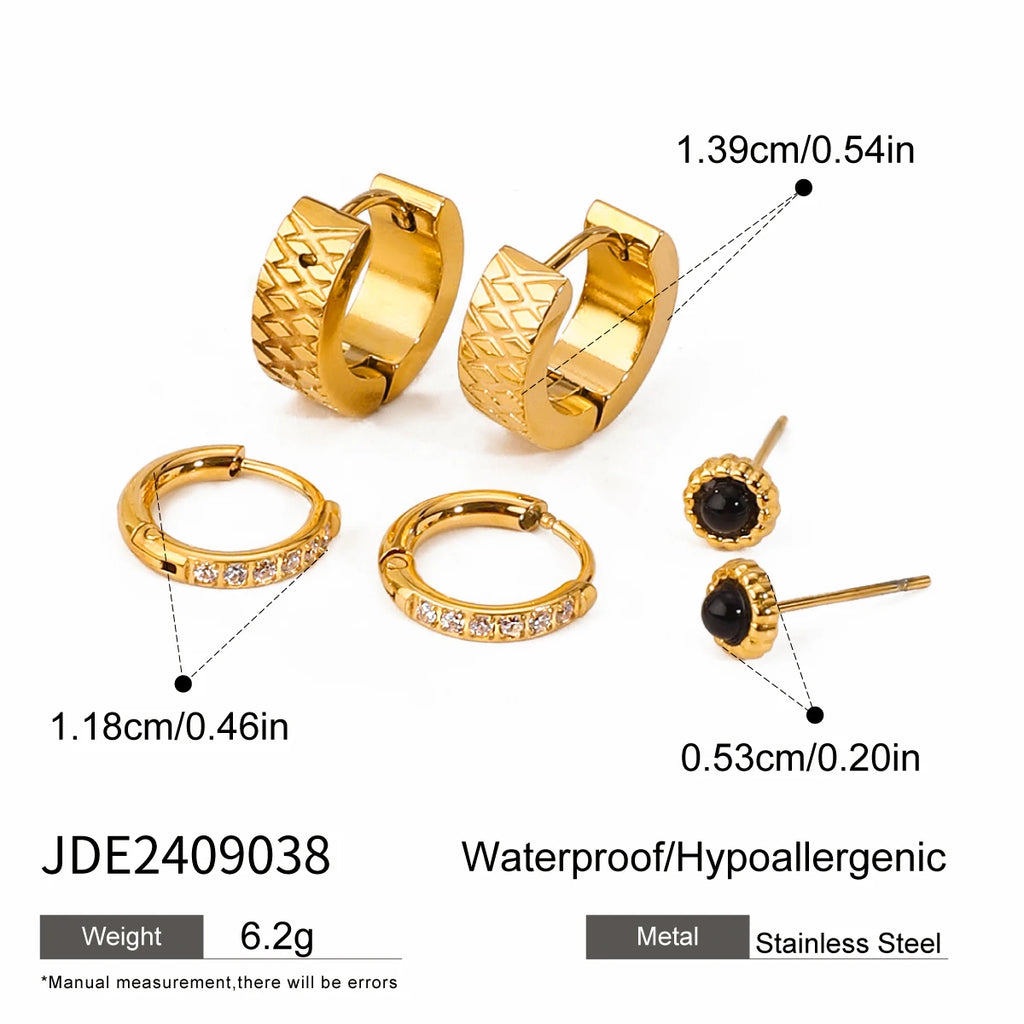 3 Pairs Per Card Stainless Steel Black Agate White Rhinestone Earrings 18K PVD Plated Anti Allergic Rust Proof Jewelry
