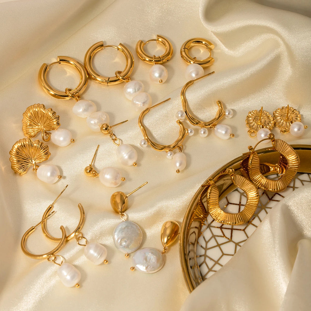 Pendientes de perla con colgante de temperamento de acero inoxidable de moda chapado en oro de 18K, joyería para mujer sin deslustre, declaración