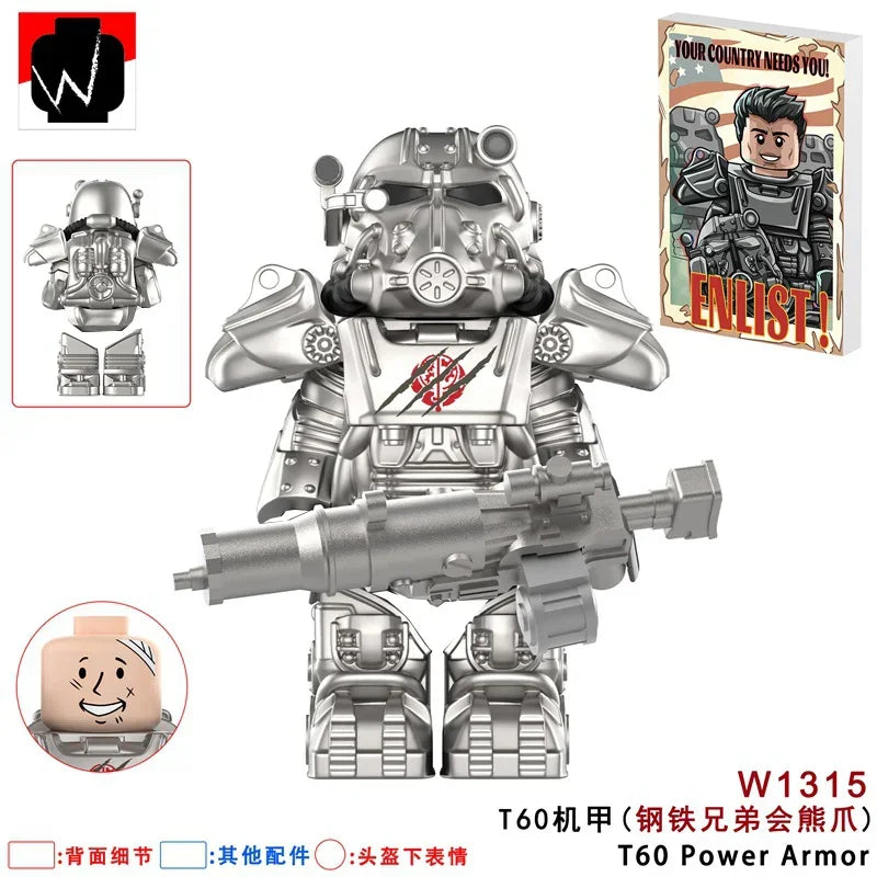 BoS Game T60 Power Armor Army Officers Soldiers Figure Machine gun Model Building Blocks Kids Toys Gifts Boys Girls Juguetes