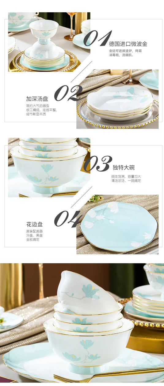 Jingdezhen Keramik Fad Sæt Lys Luksus Guld Border Ben Porcelæn Bordservice Sæt Skål Tallerken Spisepind Kombination