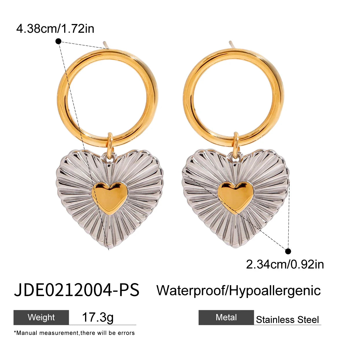 18k forgyldt rustfrit stål Guld Sølv Farve Matchende Ribbet Love Heart Halskæde Øreringe Anti-allergiske smykker til kvinder