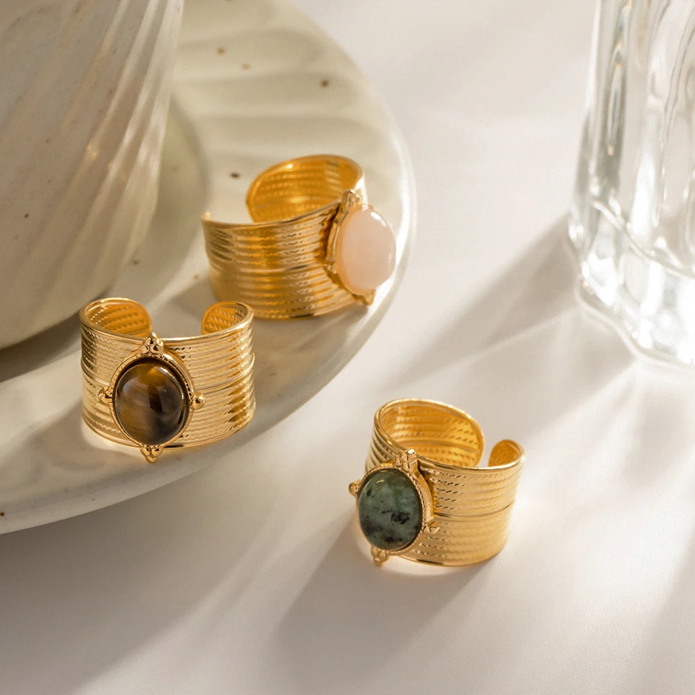 Кольцо из нержавеющей стали с натуральным зеленым тигровым глазом, открытое, эффектное, золотое, покрытие 18 карат, кольцо bague acier inoxydable, подарок, новое