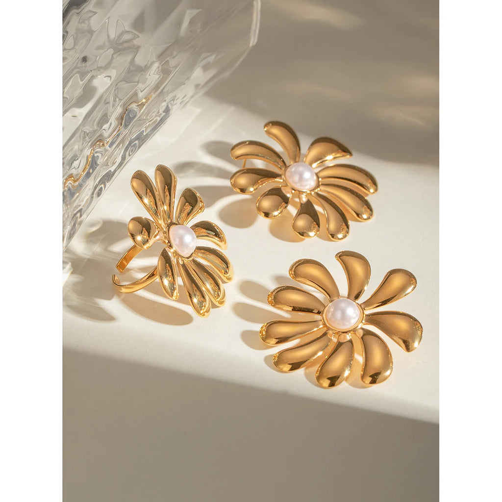 18k vergoldetes minimalistisches leichtes gemütliches Sonnenblumen-Design klebriges Kunststoff-Perlen-Ohrring-Ring-Set personalisierter Statement-Schmuck