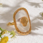 Ovaler 18K vergoldeter Edelstahl-Oval-Muschel-Skallop-Hammer-Offener-Endring für Damen, anti-allergischer Charme, täglicher Schmuck, Bijoux