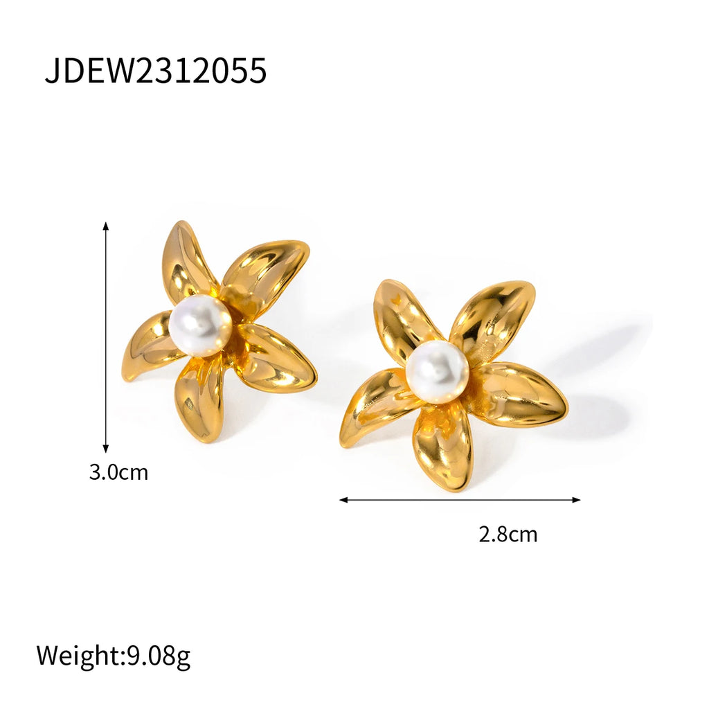 2024 Delicate Stainless Steel 18k Gold Stainless Steel Flower Shaped Earrings Inlay With Pearls Light Cozy Jewelry for Women - Grand Goldman