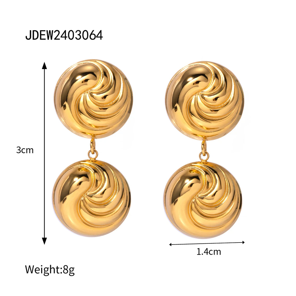 Brincos de Pingente Redondo Convexo com Fio Banhados a Ouro 18K em Aço Inoxidável Personalidade Declaração Estilo Joias Femininas à Prova d'Água