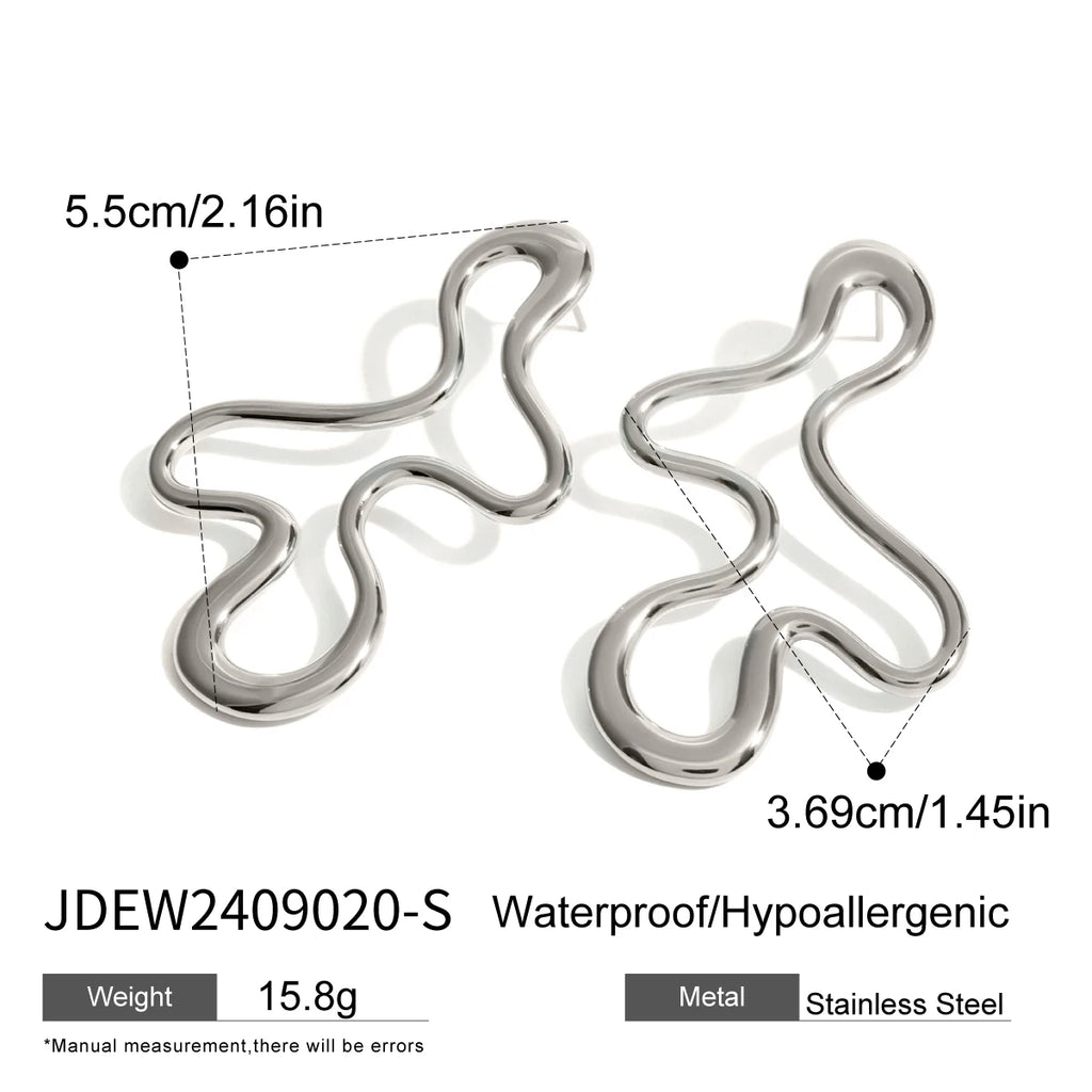 18K Gold Plated Statement Irregular Line Hollow Earrings Women Stainless Steel Minimalist Metal Rust Proof Stylish Jewelry