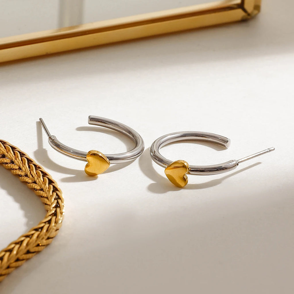 Minimalist Gold Silver Color Matching Stainless Steel Heart Shaped Earrings  Women Anti Allergic Rust Proof Stylish Jewelry - Grand Goldman
