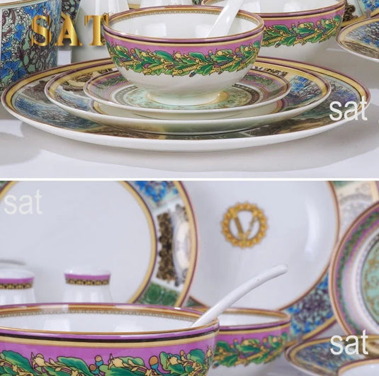 Ensemble de vaisselle familiale Assiette de nourriture occidentale Bol Ensemble de café Vente chaude d'ensembles de vaisselle en porcelaine de couleur européenne Cadeaux CLASSIQUES