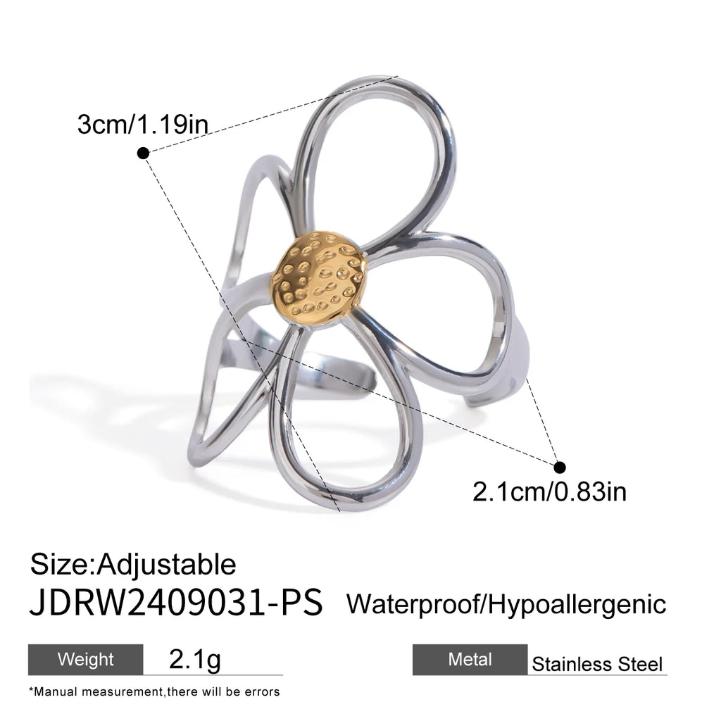 Stainless Steel Hollow Flower Retro Creative Light Luxury Open Ring 18K PVD Plated Anti Allergic Rust Proof Stylish Jewelry