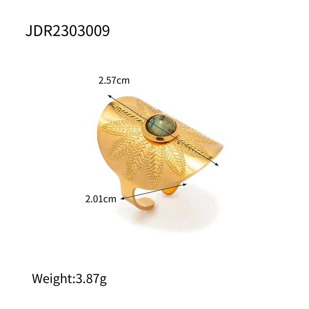 Vintage Classic Natural Stone Open Ring Set For Women Ladies Gold Color Stainless Steel Adjustable Jewelry Gift Anillos Mujer