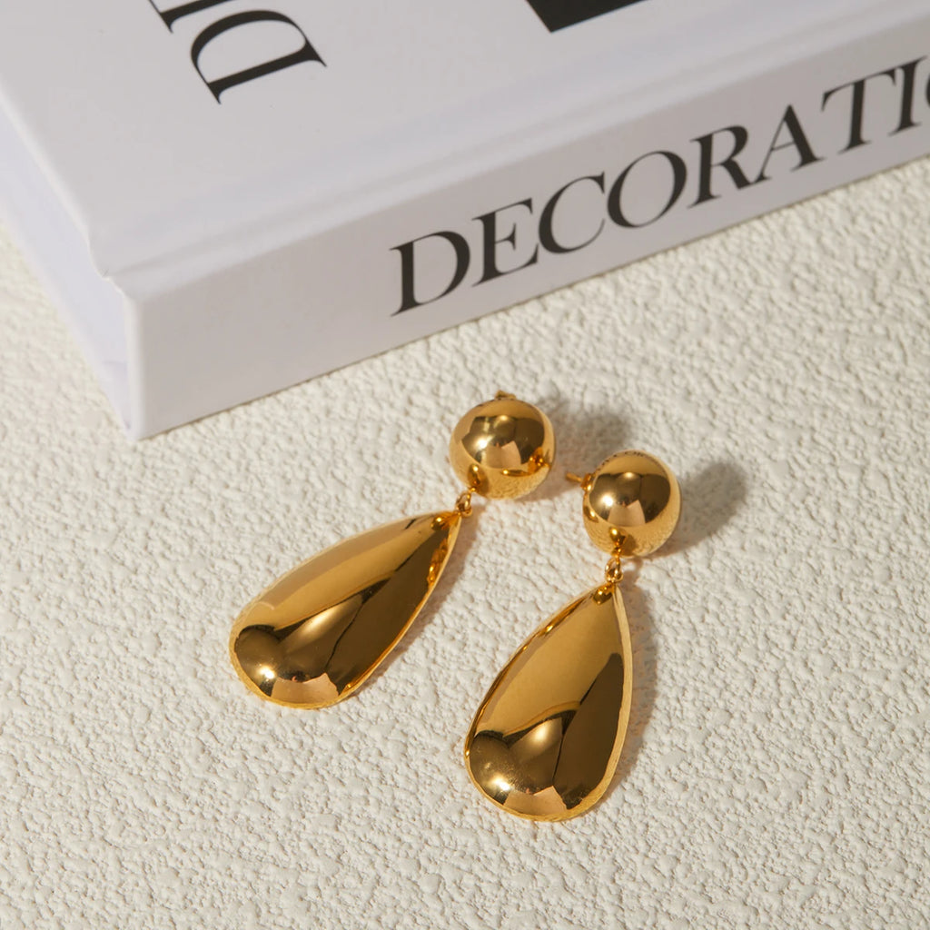 Brincos Pingente Gota de Água Hemisfério Fashion Chique Geométrico em Aço Inoxidável Banhado a Ouro 18K Charme Grande Joia para Orelha Feminina