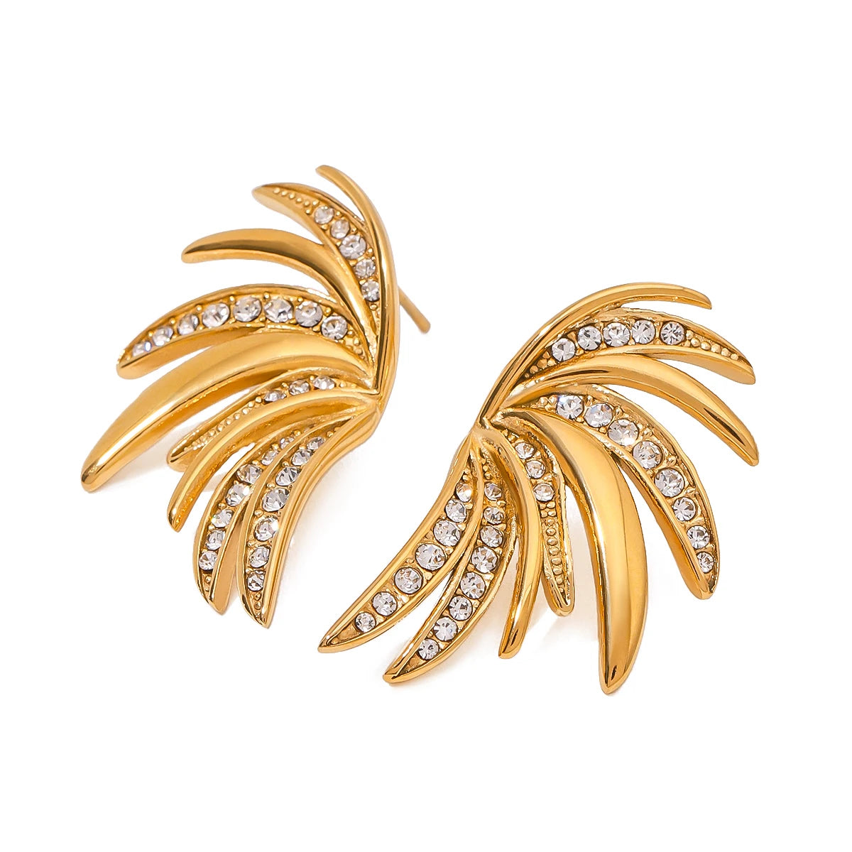 18K PVD goldbeschichtete Blattflügel-Ohrringe mit Einlage aus weißem Zirkonia, Edelstahl, Damen, auffälliger, unverwechselbarer, rostfreier Schmuck