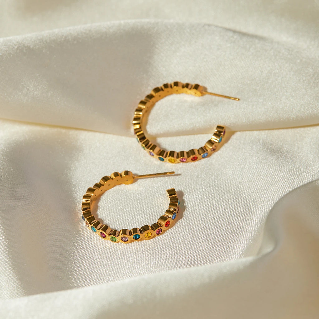 Waterproof Geometric 18k Gold Plated Stainless Steel C Shaped Earrings Colored Diamonds Charm Statement Anti Allergic Jewelry - Grand Goldman