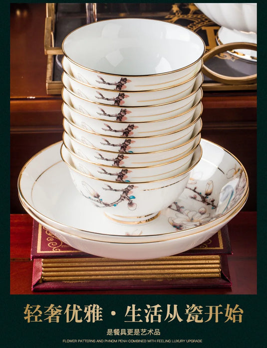 Jingdezhen Ceramic Tableware 10 Personal Tableware Set Gold Painted Household Bowls, Dishes, Bone Porcelain Set