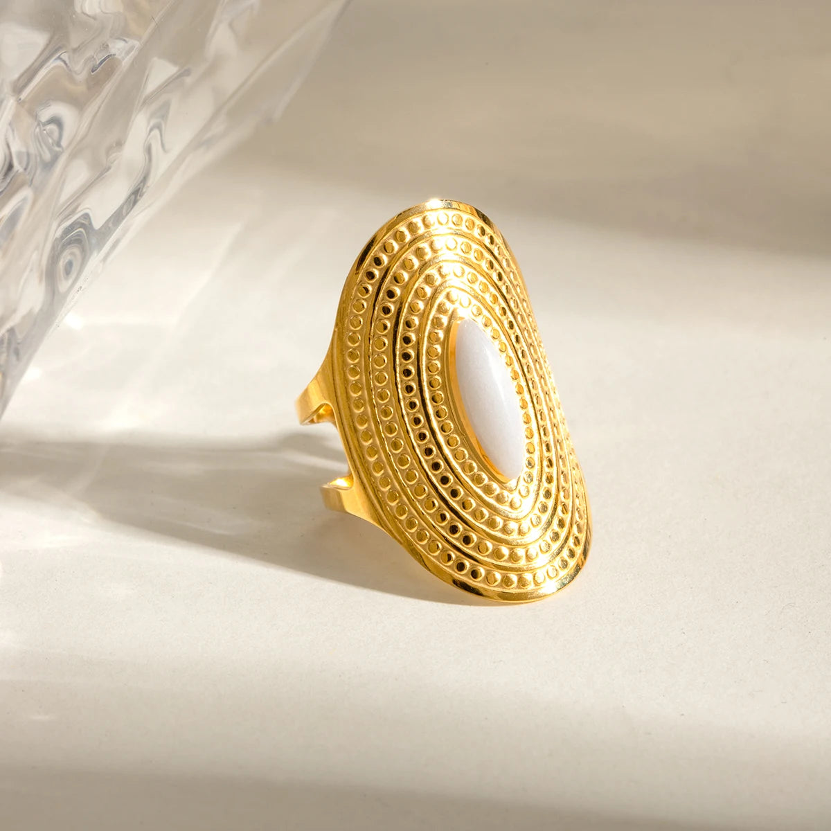 Trendy Horse Eye White Jade Oval Opening Ring Stainless Steel Metal 18K PVD