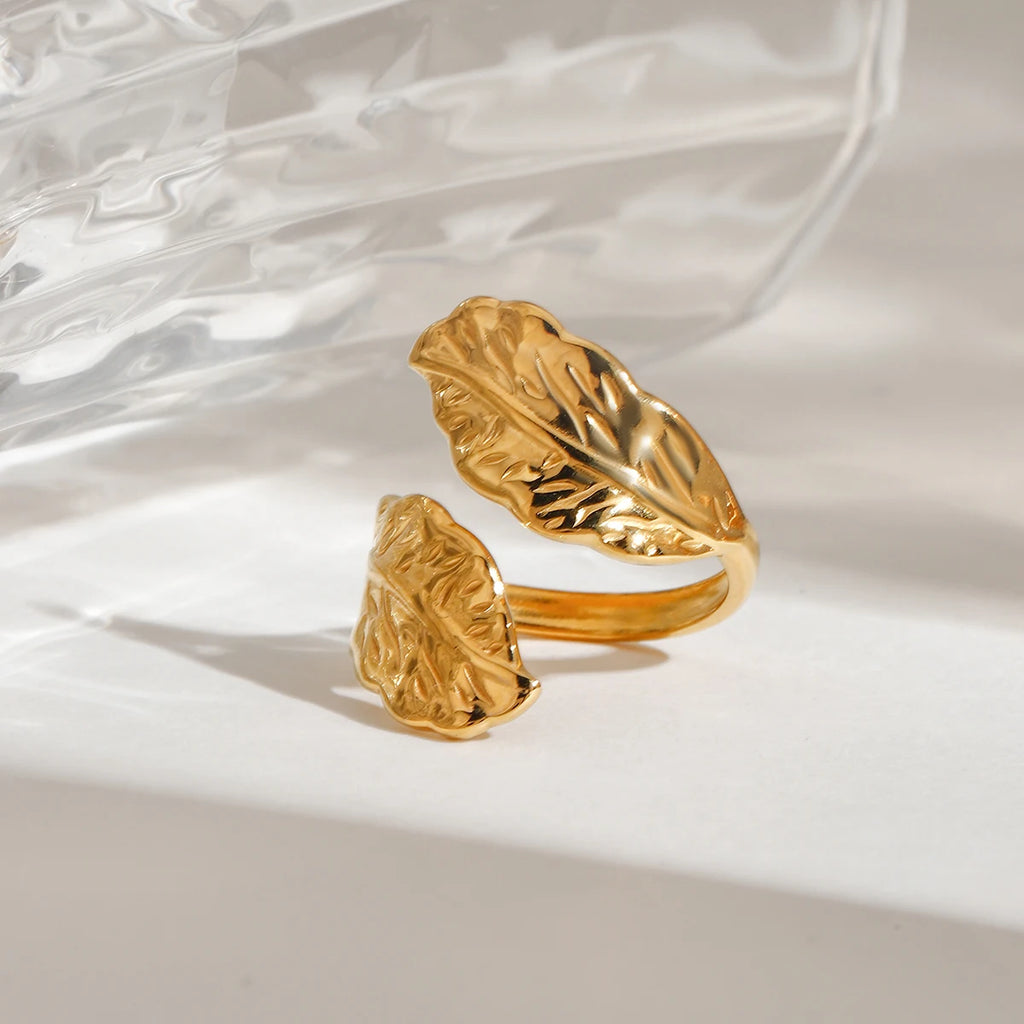 Zora Stainless Steel Jewelry Statemrnt Lear texture Ring 18K PVD Plated Opening Ring for Women Gift