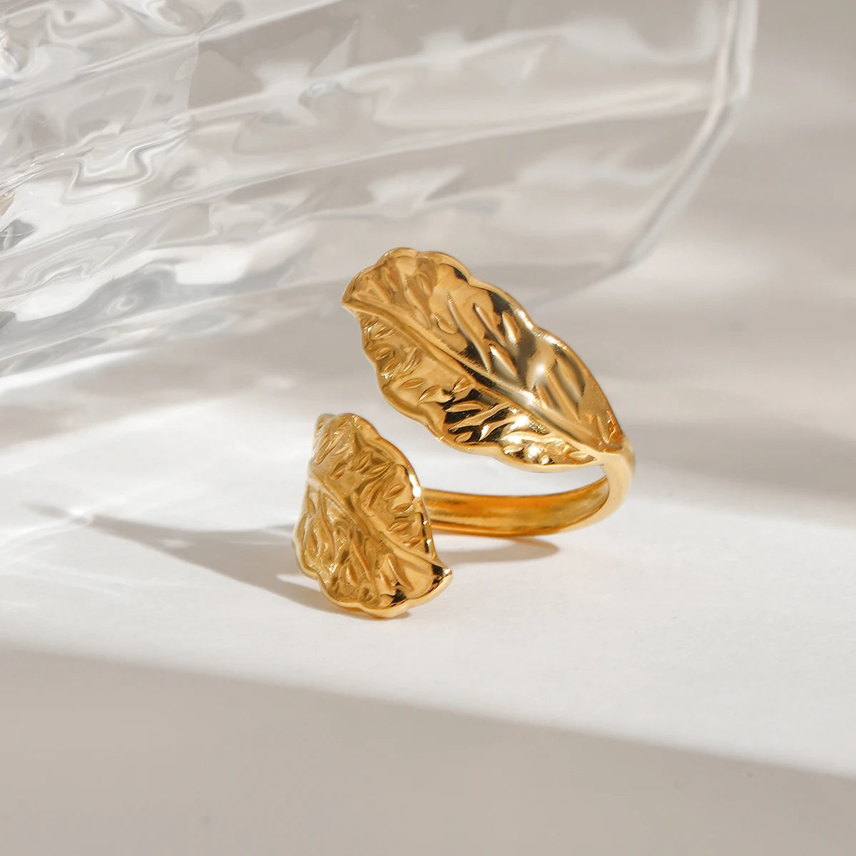 Zora Stainless Steel Jewelry Statemrnt Lear texture Ring 18K PVD Plated Opening Ring for Women Gift