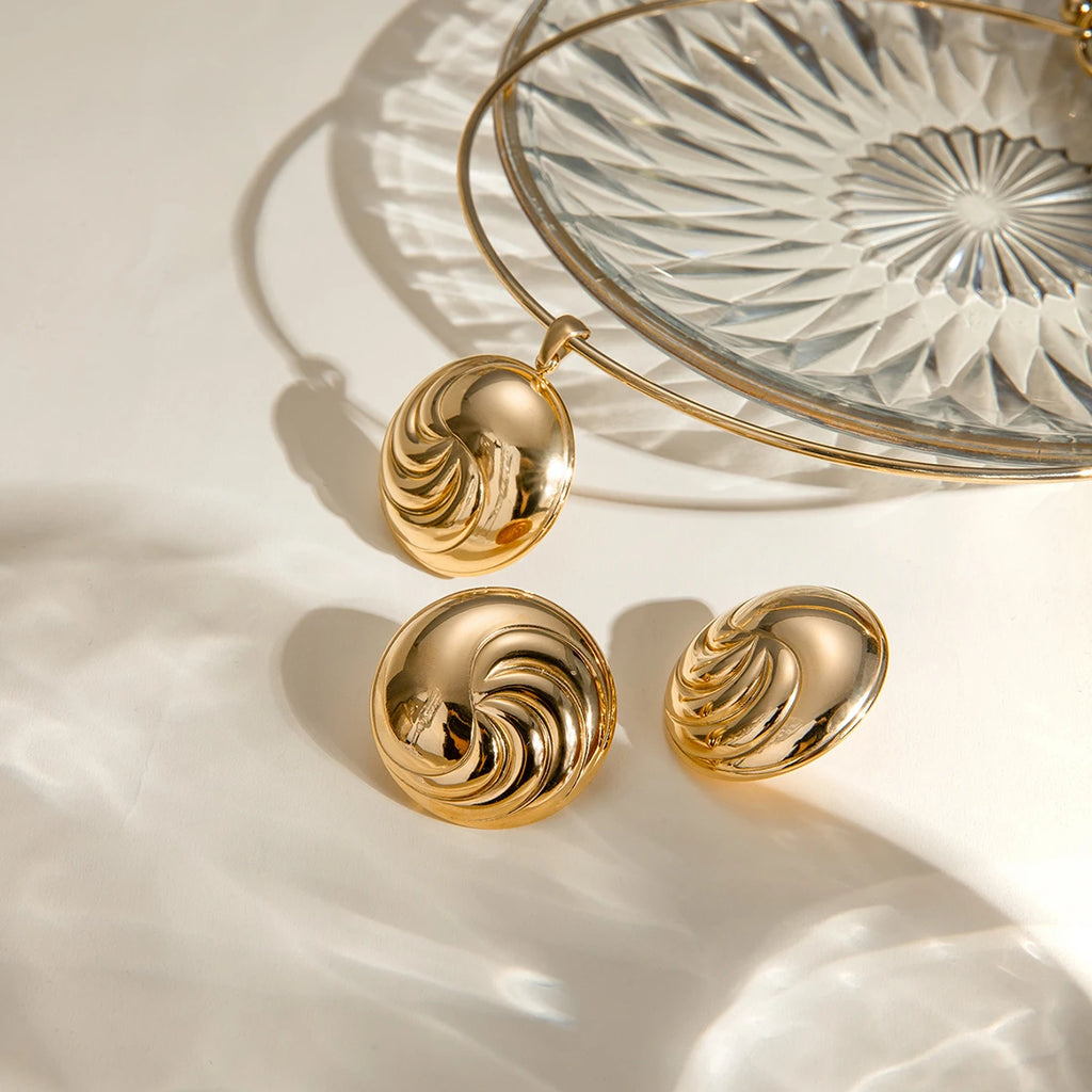 18K Gold Plated Round Convexity Thread Pendant Collar Earring Set Metal Texture Stainless Steel Delicate Charm Stylish Jewelry