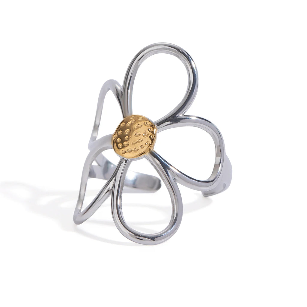 Stainless Steel Hollow Flower Retro Creative Light Luxury Open Ring 18K PVD Plated Anti Allergic Rust Proof Stylish Jewelry