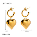Pendientes de corazón liso de amor de acero inoxidable chapados en oro de 18K Serie hipoalergénica resistente al deslustre y al agua Joyería gruesa para mujer