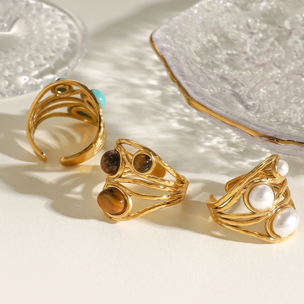 Минималистичное кольцо с круглым камнем тигровый глаз из водонепроницаемой нержавеющей стали 18K, женское, с разрезом, антиаллергическое, элегантное, с шармом ювелирное изделие