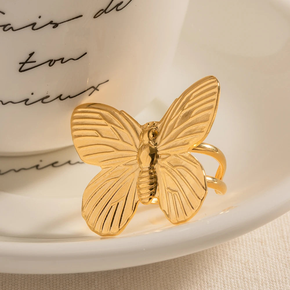 Exaggerated Stainless Steel Butterfly Open Ring For Women Vintage Creative Butterfly Adjustable Jewelry Gift Femme Bijoux - Grand Goldman