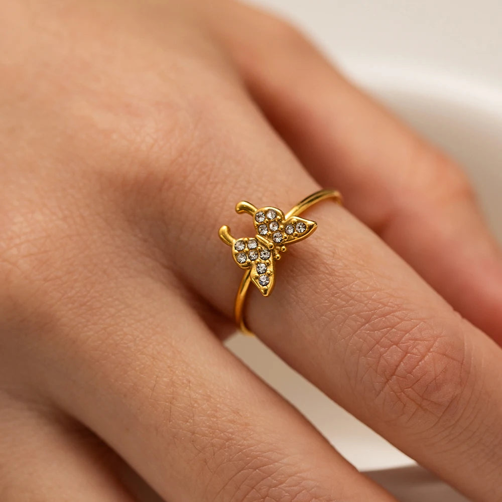 Vintage roestvrijstalen vlinder ingelegde strass open ring eenvoudige creatieve verstelbare sieraden cadeau voor vrouwen Anillos Mujer