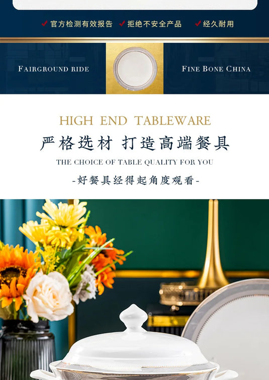 Jingdezhen Ceramic Tableware Light Luxury Bowl Plate Spoon Combination Full Set of Bone Porcelain Bowls and Dishes Household Set