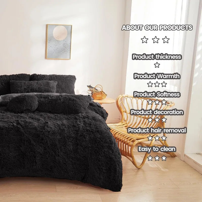 Ultra Soft Black Faux Fur 3-Piece Queen Comforter Set – Plush Fluffy Bedding with Duvet Cover and 2 Pillowcases