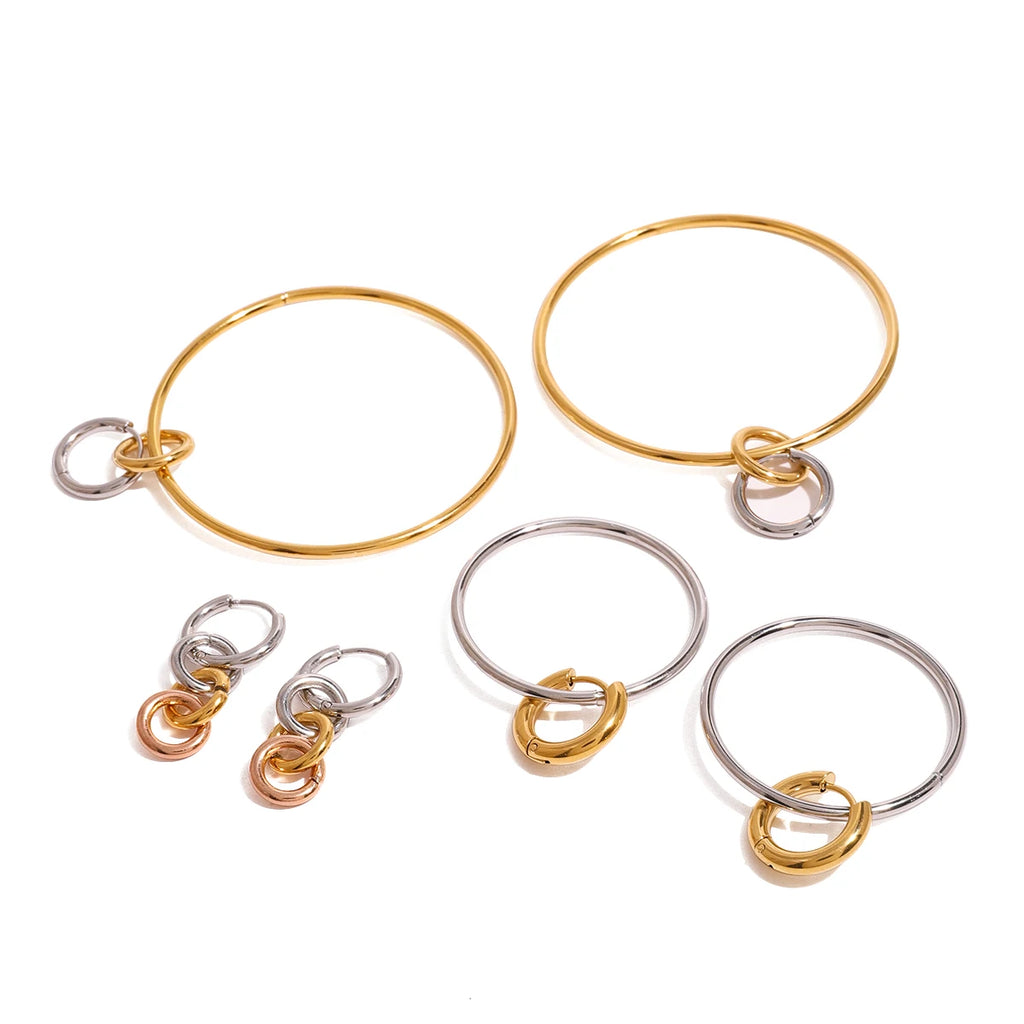 18K PVD Plated Metal Texture Circle Silver with Gold Large Steel Hoop Earrings Stainless Steel Women Prevent Allergy Jewelry