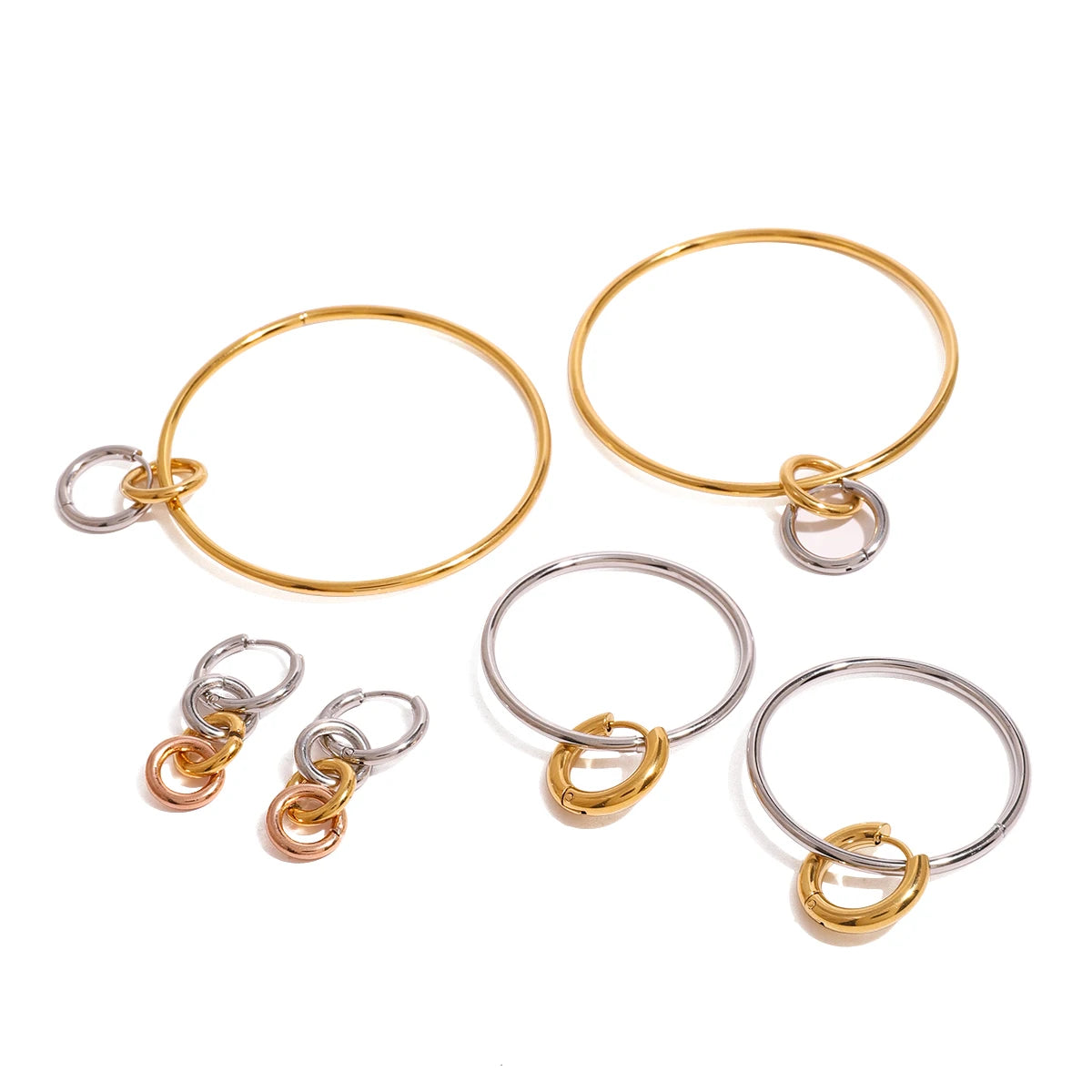 18K PVD Plated Metal Texture Circle Silver with Gold Large Steel Hoop Earrings Stainless Steel Women Prevent Allergy Jewelry