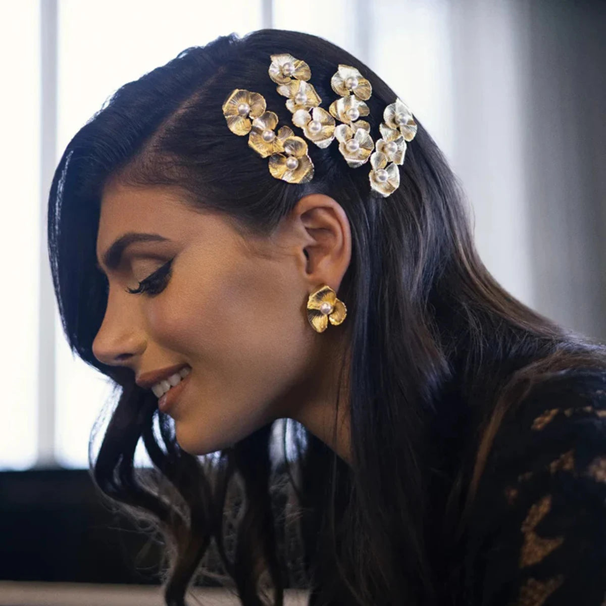 18K Stainless Steel Stylish Vintage Imitation Pearl Ribbed Flower Earrings  Women Trendy Charm Metal Chic Statement Jewelry