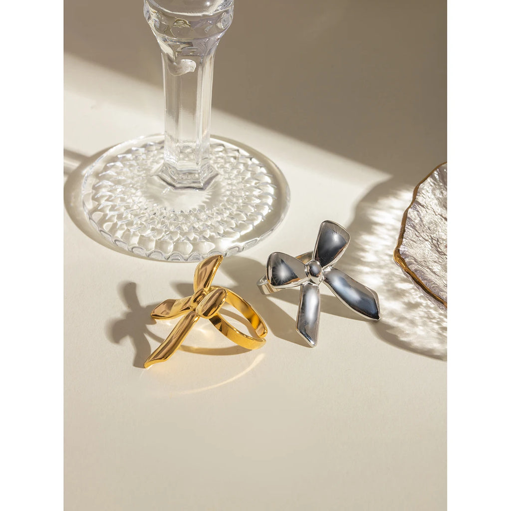 18K PVD Plated Trendy Stainless Steel Delicate Smooth Bowknot Opening RingCharm Jewelry Waterproof for Women Gala Gift