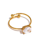 Stilvoller 18k vergoldeter, rostfreier, strukturierter, einfacher, verstellbarer Ring mit Zirkon-Einlage, Charme, Statement, anti-allergisch, Damenschmuck