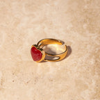 Waterproof 18k Gold Plated Stainless Steel Love Heart Opening Ring Inlay Red Agate Stylish Anti Allergic Distinctive Jewelry