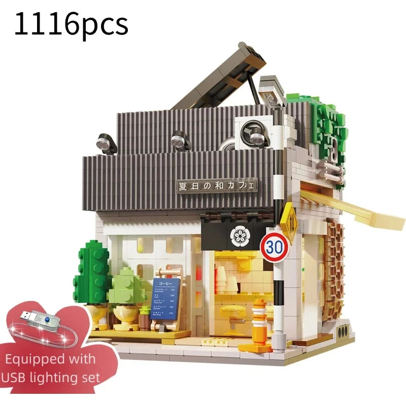 Cada Japanese Sushi HouseBricks Shop LED Japanese Steamed Bun House Building Blocks Summer Cafe cada Toy Street View Series set