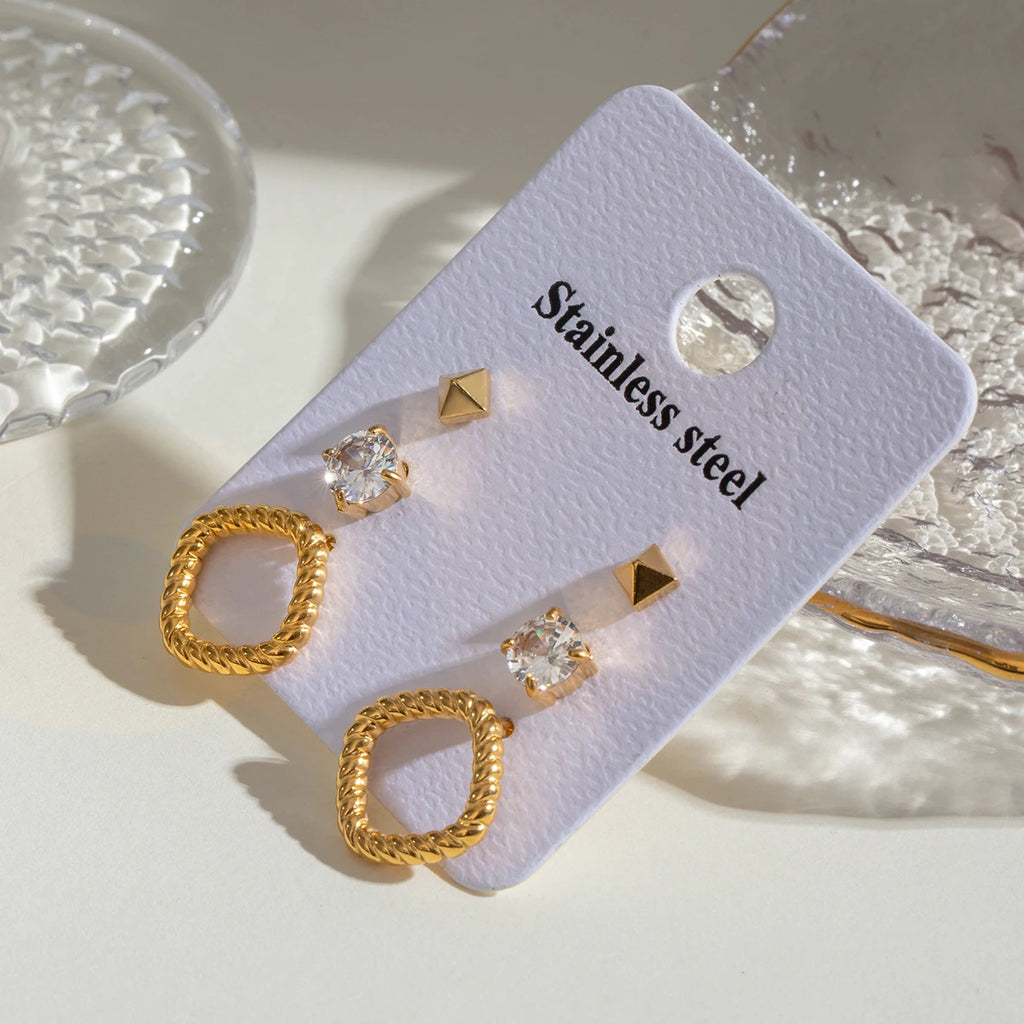 Trendy 18k Stainless Steel Vintage Square White Zircon Hollow Earrings Women Statement Charm Texture Rust Proof Trendy Jewelry