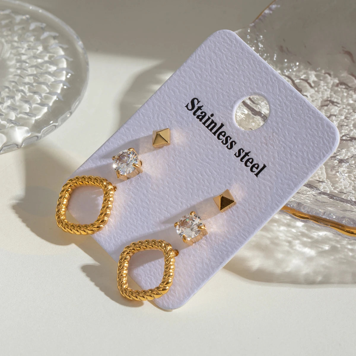 Trendy 18k Stainless Steel Vintage Square White Zircon Hollow Earrings Women Statement Charm Texture Rust Proof Trendy Jewelry