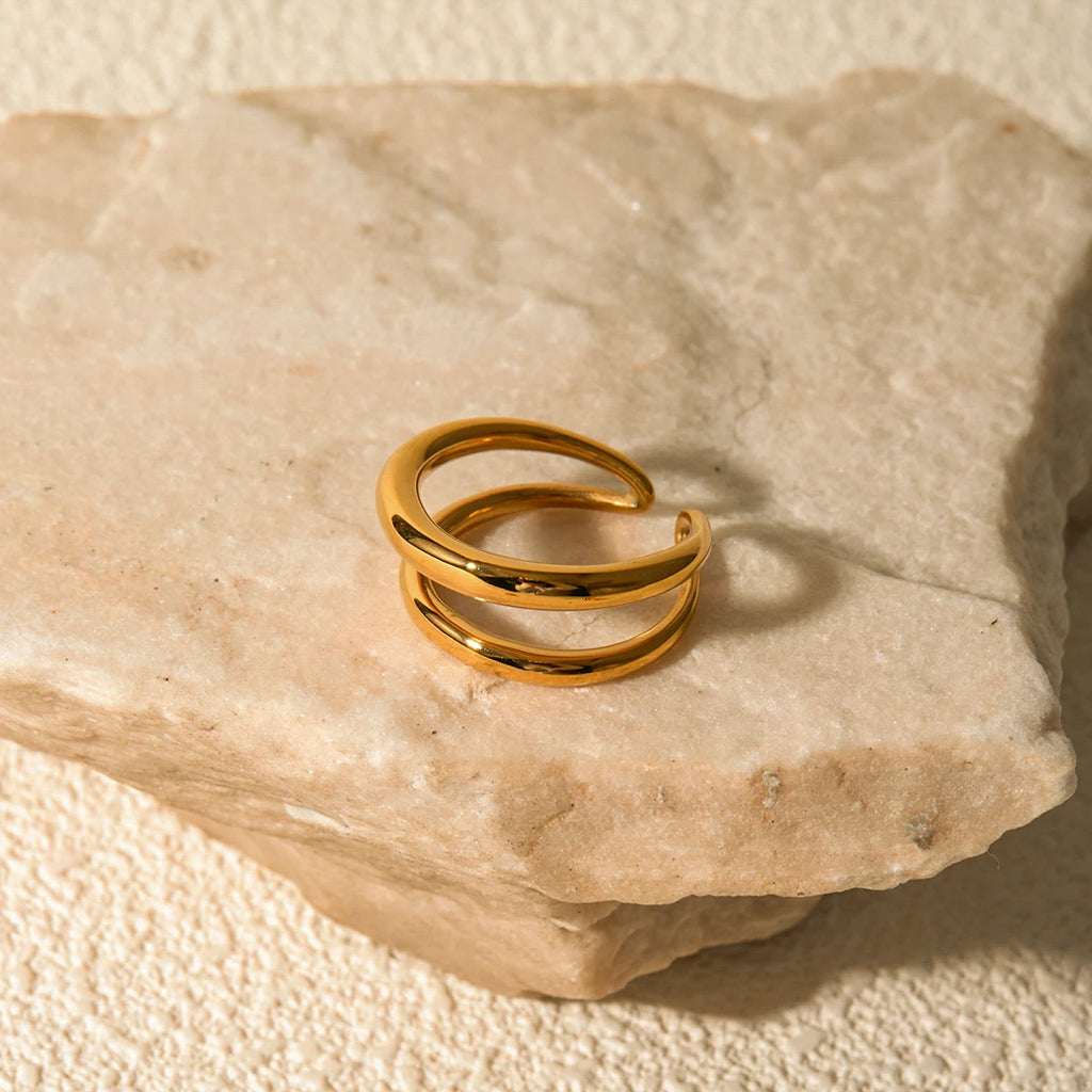 18k vergoldeter, stilvoller, einzigartiger, einfacher, geometrischer, goldener, doppellagiger Öffnungsring aus Edelstahl für Frauen, anti-distinktiver Schmuck