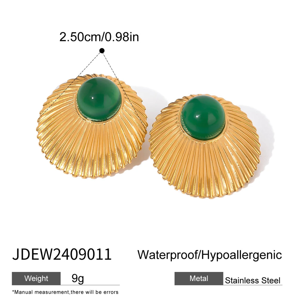 Stainless Steel 18K Vintage Round Green Agate Set Pendant Earrings Open Bangle Rust-proof Attractive Jewelry Accessories