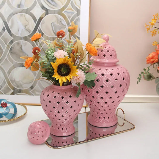 Pink Hollow General Jar Ceramic Ginger Jar Vase Candy Storage Jar Art Decorative Tank Flower Arrangement Home Craft Decoration