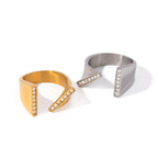 18k Gold Plated Stainless Steel Minimalist Asymmetric Opening Ring Inlay Rhinestone Prevent Allergy Trendy Charm Jewelry