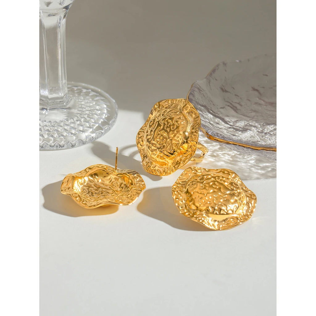 18K Gold Plated Stainless Steel Personality Niche Hammer Grain Hat Earrings Open Ring Delicate Water Resistant Daily Jewelry