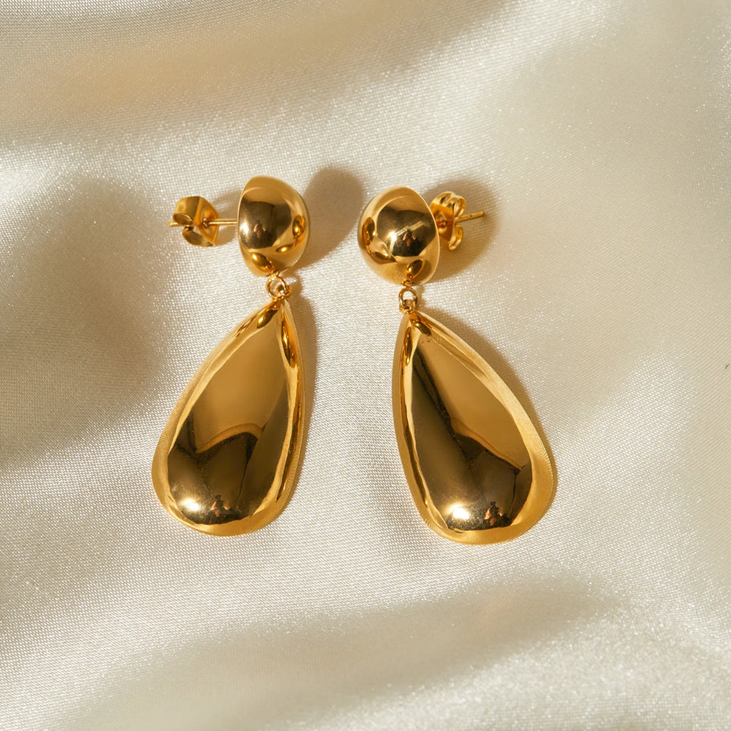 Brincos Pingente Gota de Água Hemisfério Fashion Chique Geométrico em Aço Inoxidável Banhado a Ouro 18K Charme Grande Joia para Orelha Feminina