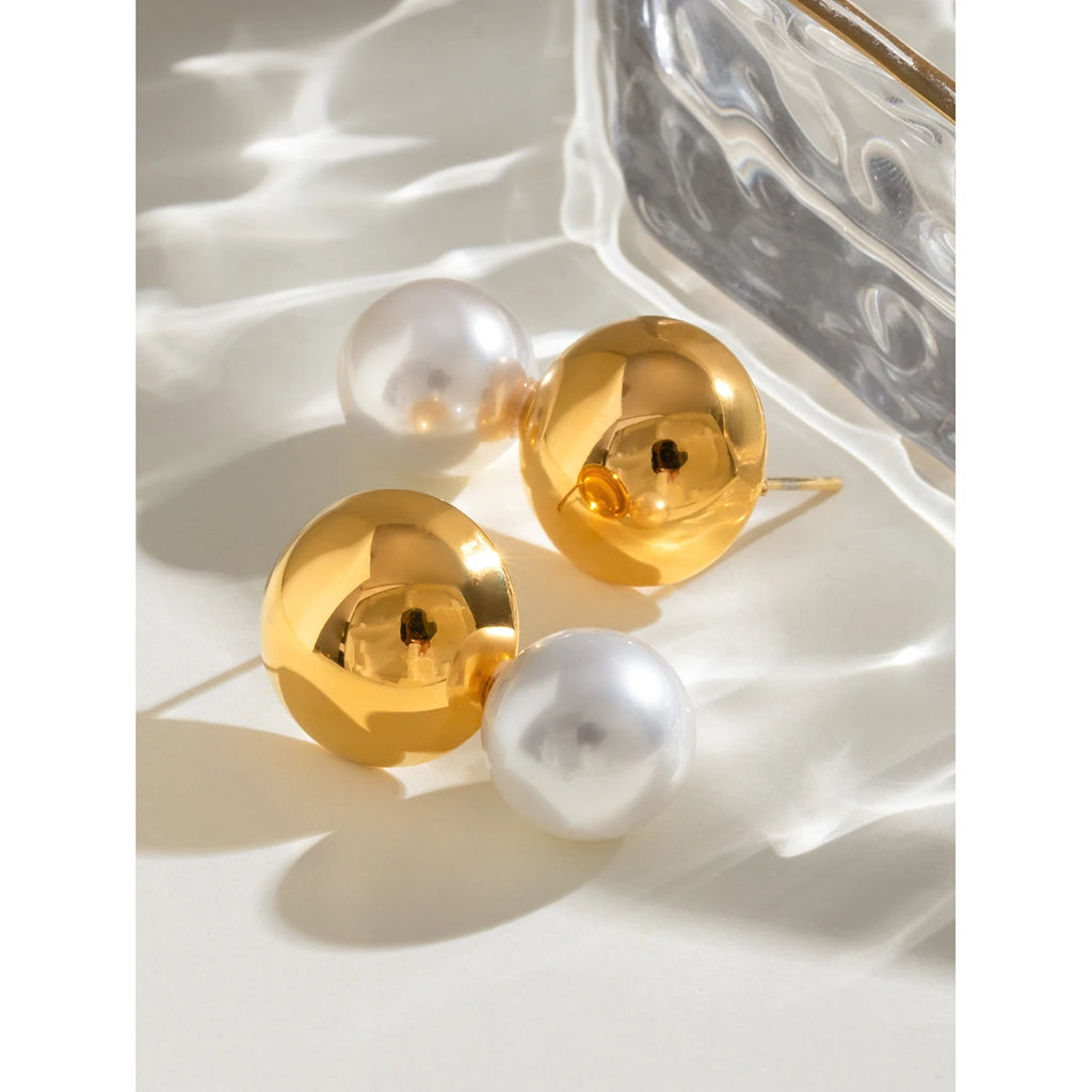 Trendy 18k Stainless Steel Vintage Imitation Pearl Hollow Steel Ball Earrings Women Statement Charm Texture Rust Proof Jewelry