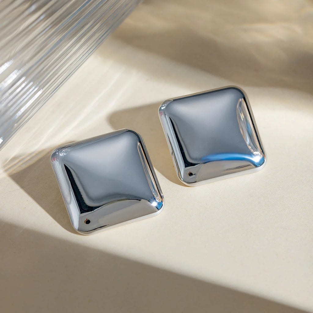 18K Square Smooth Stud Earrings for Women Stainless Steel Metal Texture Steel Color Waterproof Charm Sweet Jewelry Gift New